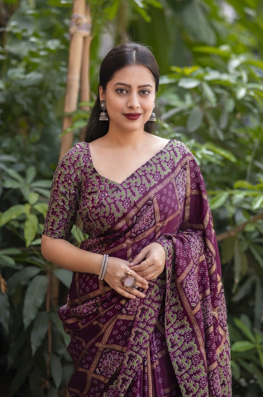 Women Stava Creation | Women'S Soft Silk Saree With Ajrakh Style And Foil Print - Stava Creation Purple