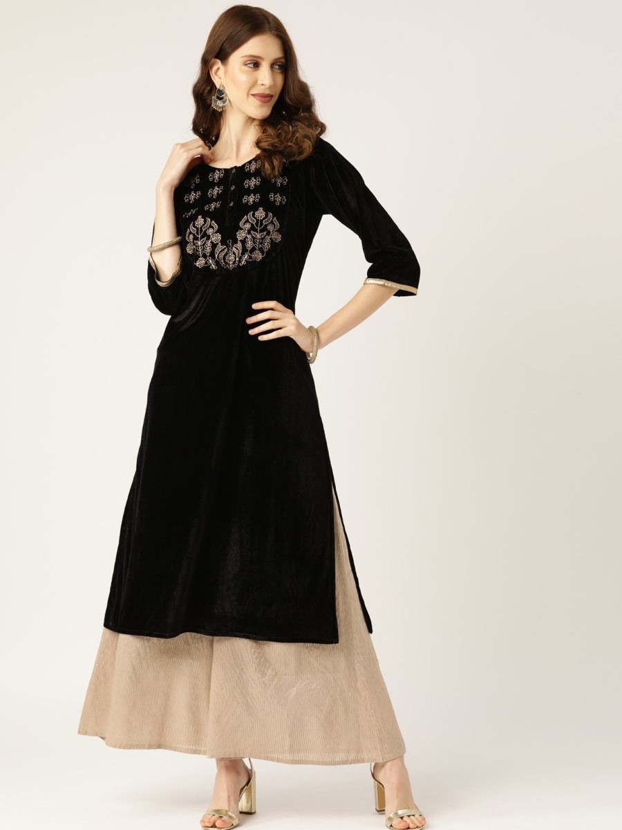 Women SHAE | Women'S Black Zari Embroidered Velvet Kurta - Shae