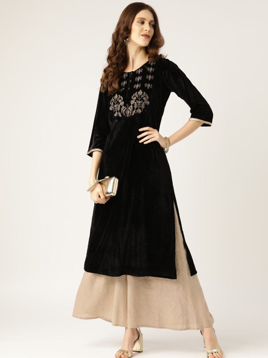 Women SHAE | Women'S Black Zari Embroidered Velvet Kurta - Shae