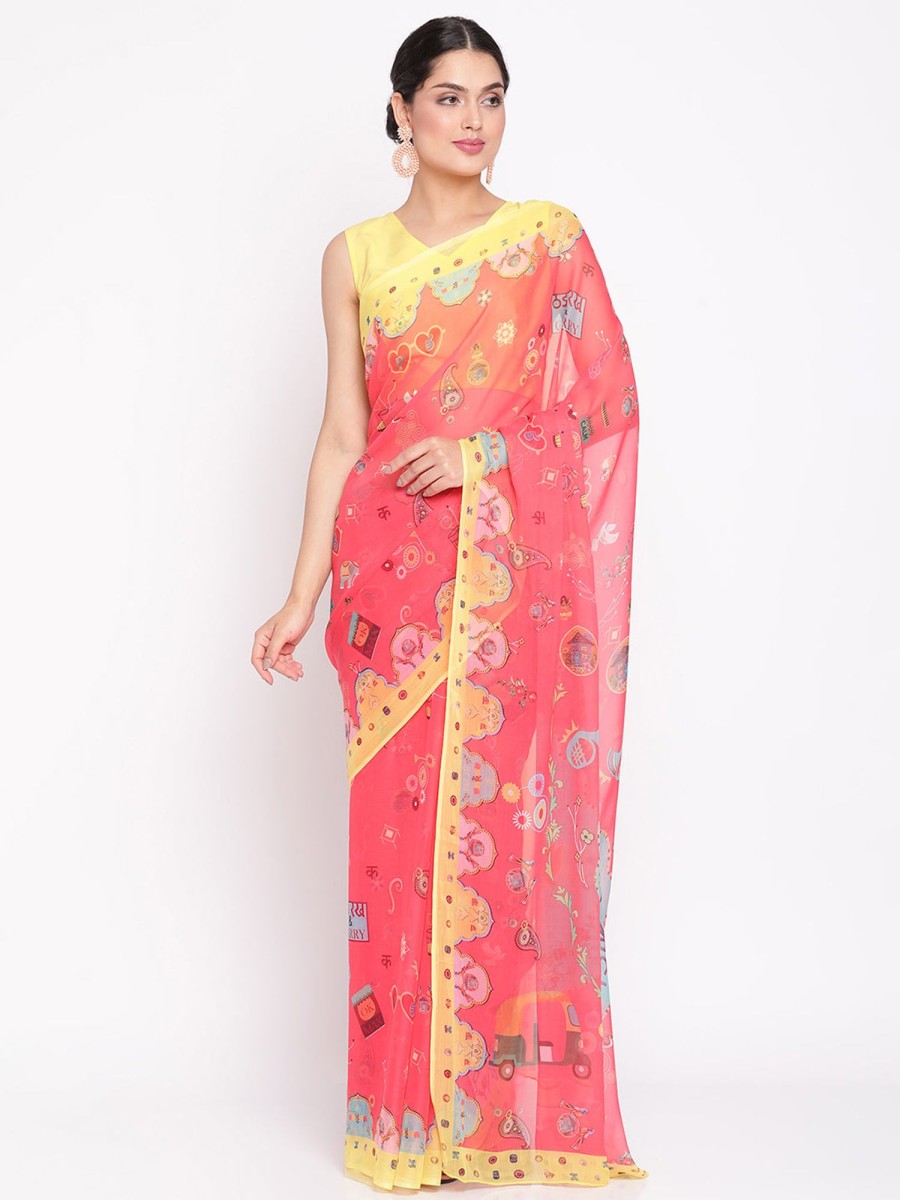 Women Ahalyaa | Women'S Red Colour Chiffon Digital Print Saree - Ahalyaa