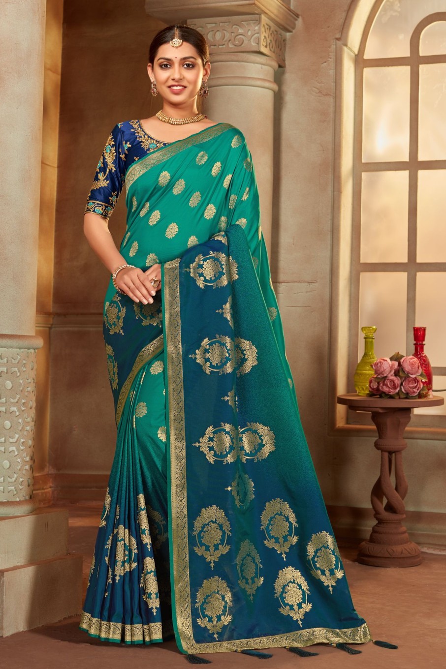 Women Monjolika | Women'S Multi Color Banarasi Silk Woven Tradtional Saree With Heavy Work Blouse - Monjolika