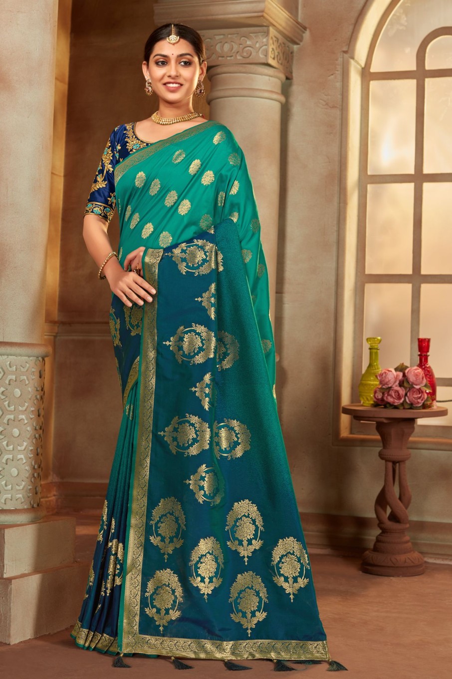 Women Monjolika | Women'S Multi Color Banarasi Silk Woven Tradtional Saree With Heavy Work Blouse - Monjolika