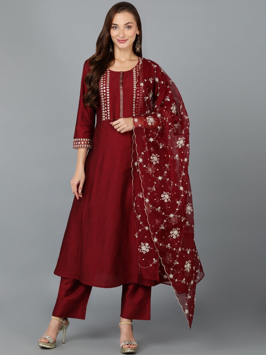 Women Ahika | Women'S Silk Blend Embroidered Anarkali Festive Wear-Ahika Maroon