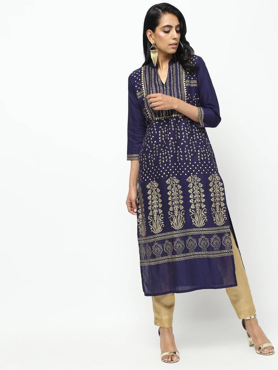 Women CHEERA | Women'S Navy Straight Foil Printed Long Kurta Only - Cheera Blue