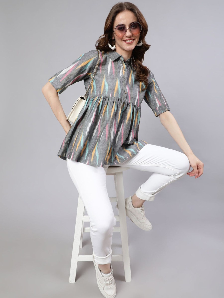 Women AKS | Women'S Ikat Print Gathered Tunic - Aks Grey