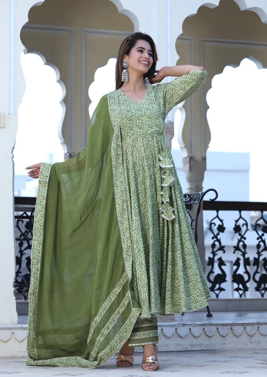 Women Lado Jaipuri | Women'S Shabnami Cotton Angrakha Set - Lado Jaipuri Green