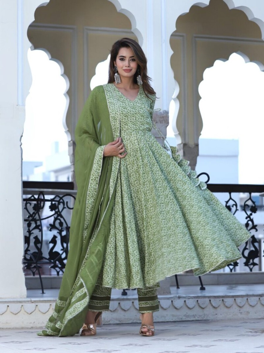 Women Lado Jaipuri | Women'S Shabnami Cotton Angrakha Set - Lado Jaipuri Green