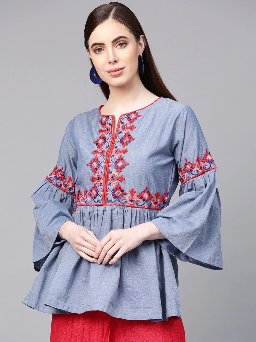 Women Wahe-NOOR | Women'S Blue Embroidered A-Line Top - Wahe-Noor