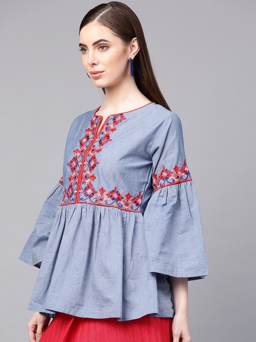 Women Wahe-NOOR | Women'S Blue Embroidered A-Line Top - Wahe-Noor