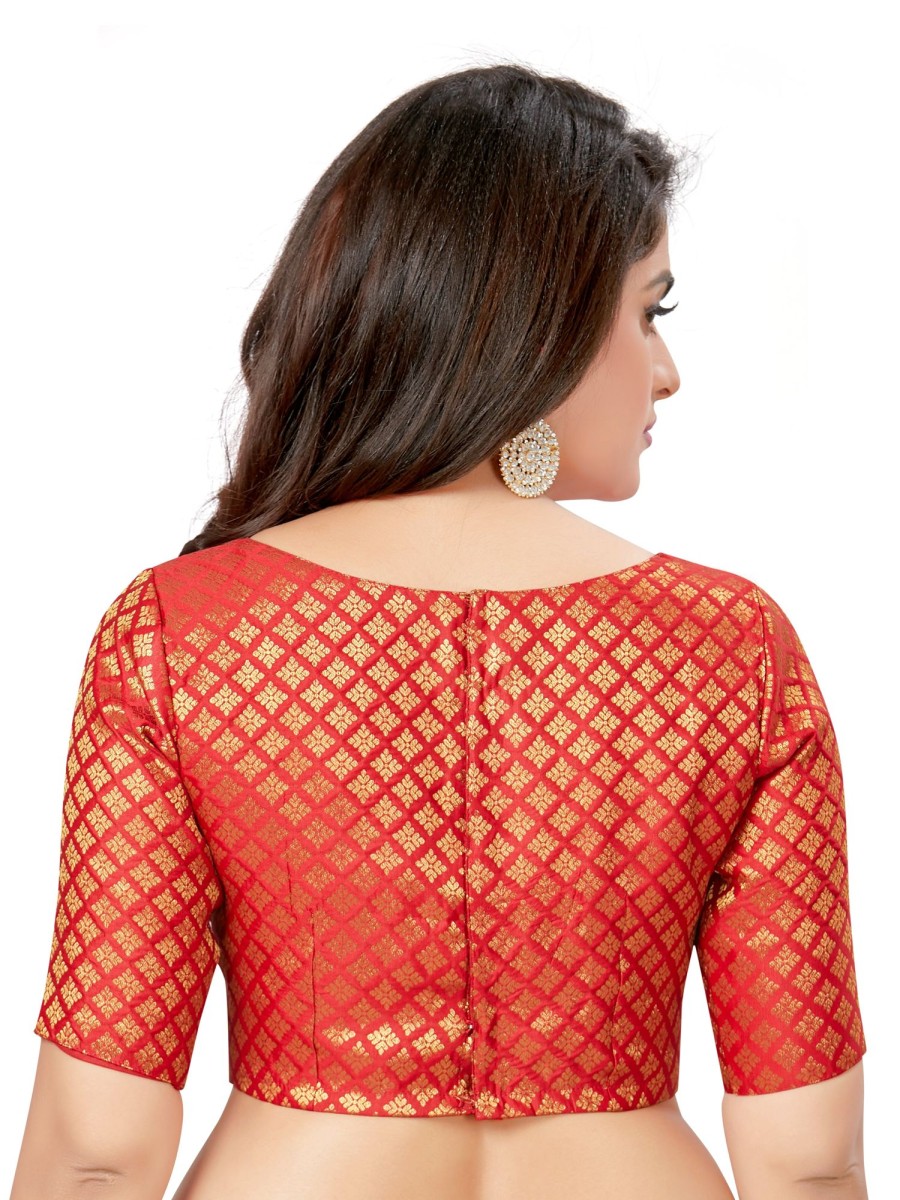 Women Madhu Fashion | Women'S Brocade Elbow Length Sleeves Readymade Saree Blouse - Madhu Fashion Red