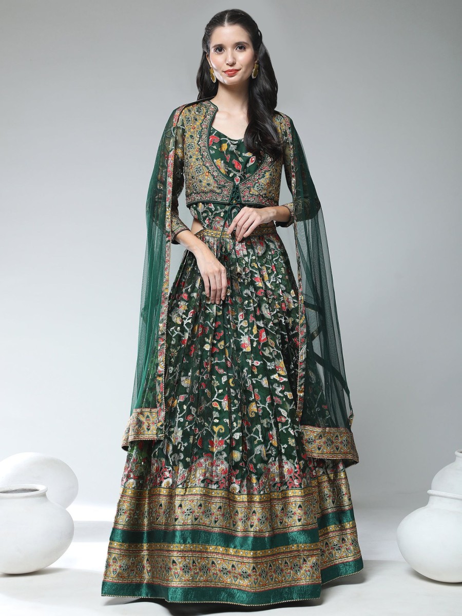 Women Phenav | Women'S Ethnic Motifs Printed Embroidered Detailed Silk Fit Flare Ethnic Gown - Phenav Green