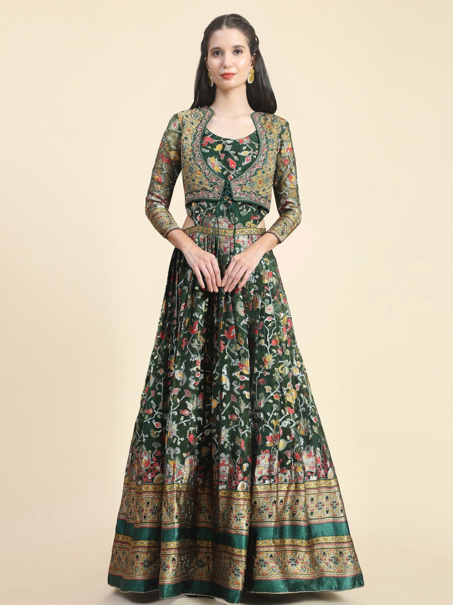 Women Phenav | Women'S Ethnic Motifs Printed Embroidered Detailed Silk Fit Flare Ethnic Gown - Phenav Green