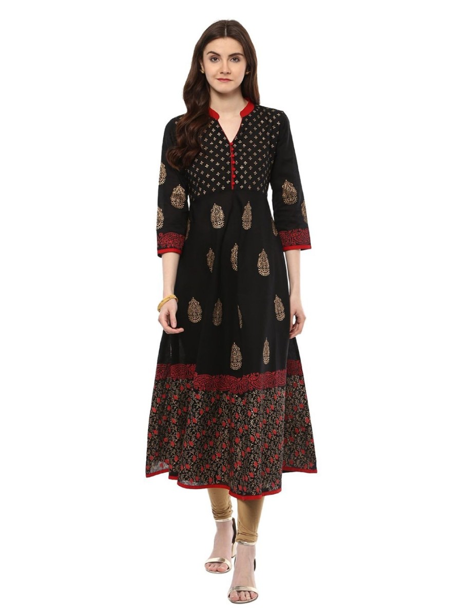 Women NOZ2TOZ | Women'S Traditional Black Cotton Printed Anarkali With Ajrakh Hand Block Print - Noz2Toz