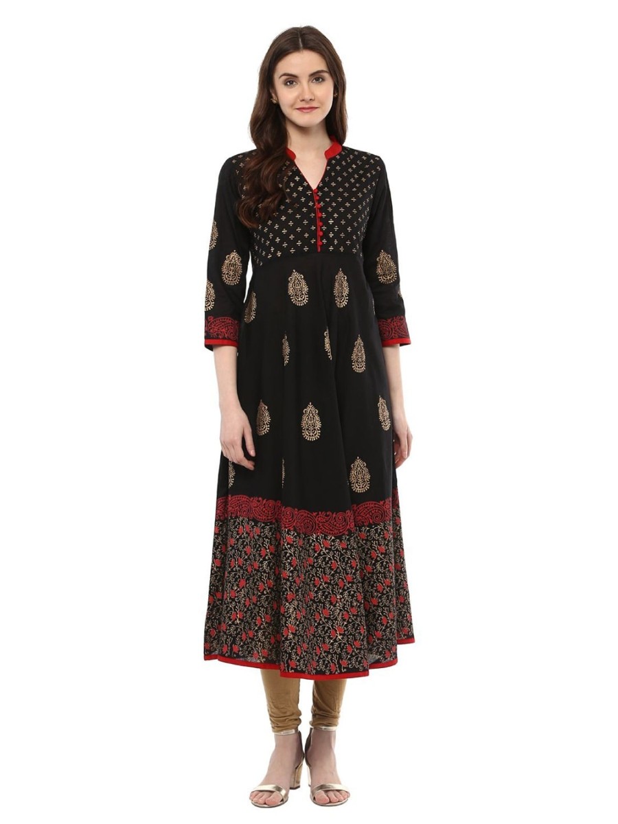 Women NOZ2TOZ | Women'S Traditional Black Cotton Printed Anarkali With Ajrakh Hand Block Print - Noz2Toz