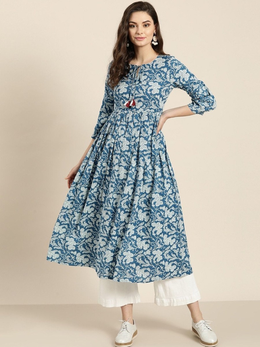 Women SHAE | Women'S Blue Floral Gathered Kurta - Shae