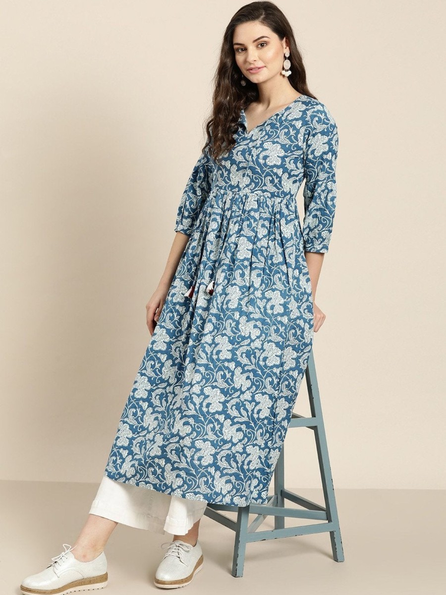 Women SHAE | Women'S Blue Floral Gathered Kurta - Shae