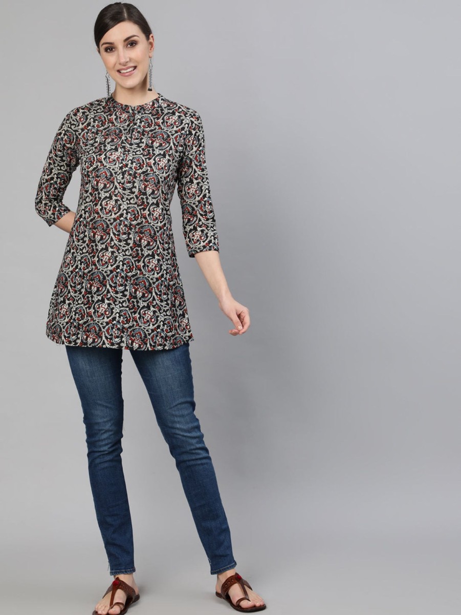 Women Nayo Clothing | Women'S Black Printed Tunic With Three Quarter Sleeves - Nayo Clothing