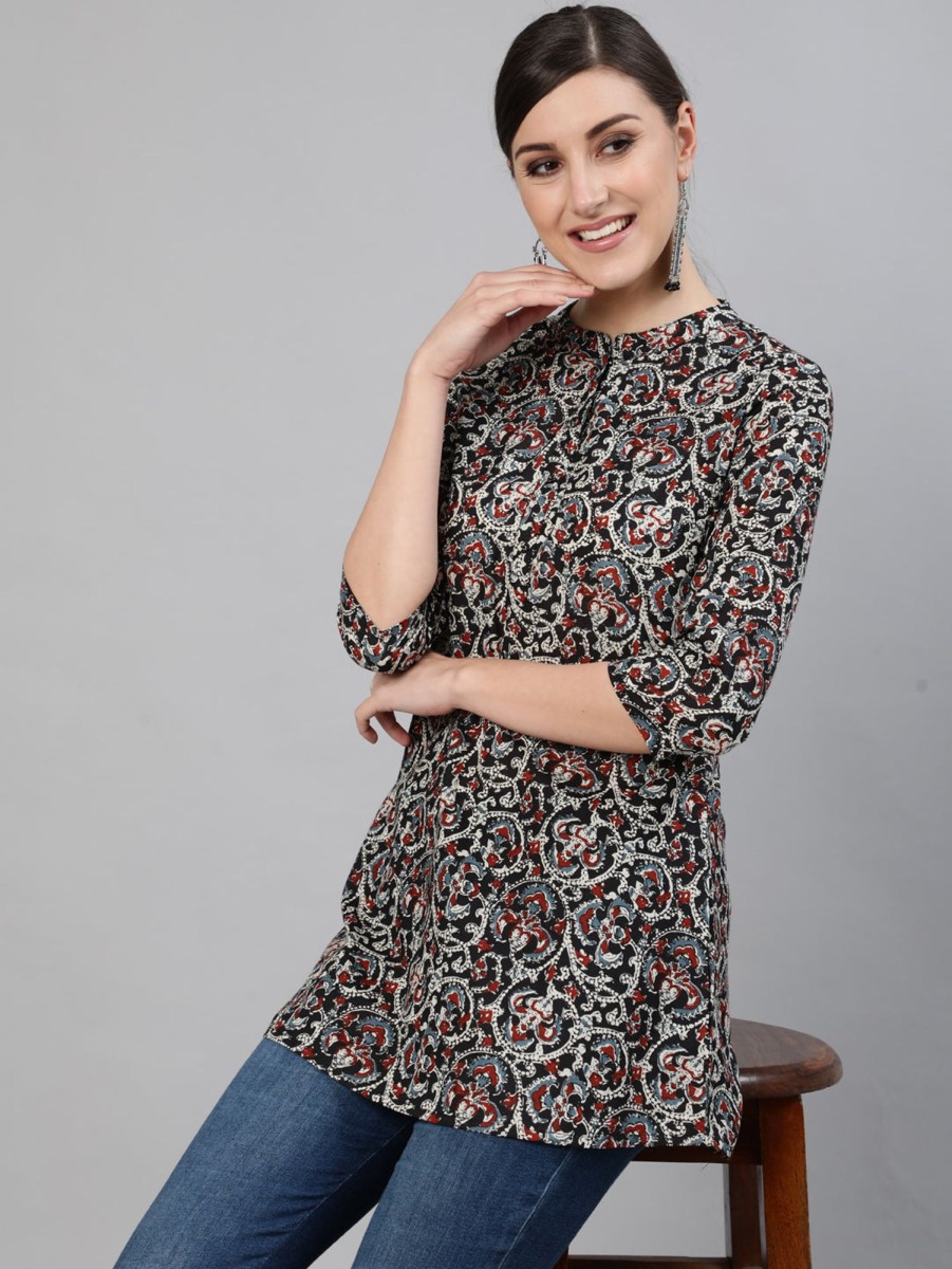 Women Nayo Clothing | Women'S Black Printed Tunic With Three Quarter Sleeves - Nayo Clothing