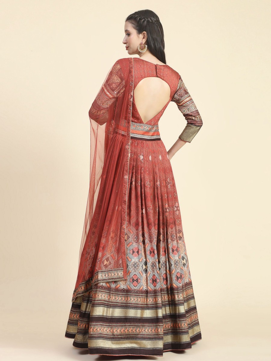 Women Phenav | Women'S Embroid Detailed Silk Fit Flare Ethnic Gown - Phenav Red