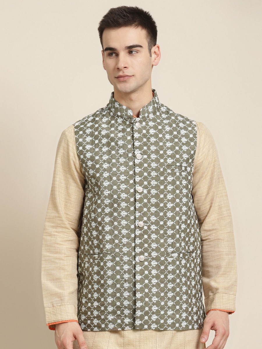 Men Sojanya | Men'S Silk Blend Olive Embroidered Only Nehrujacket - Sojanya Green