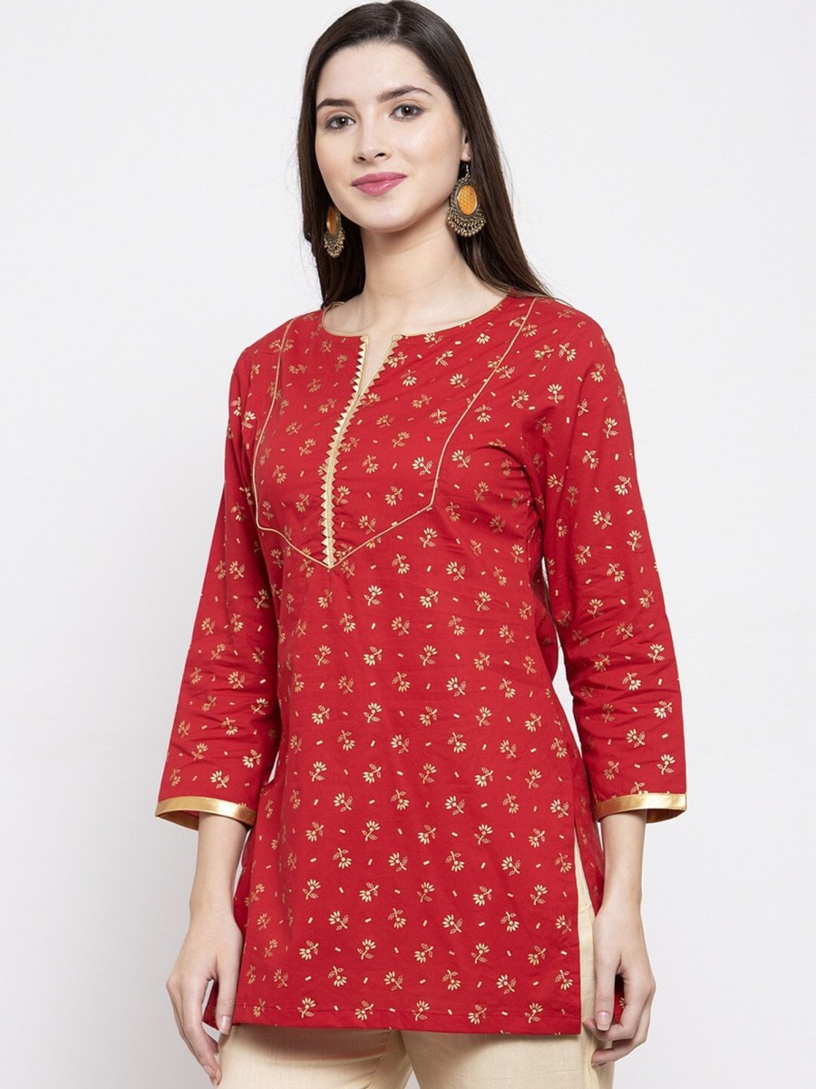 Women Wahe-NOOR | Women'S Red U0026 Golden Foil Print Tunic - Wahe-Noor