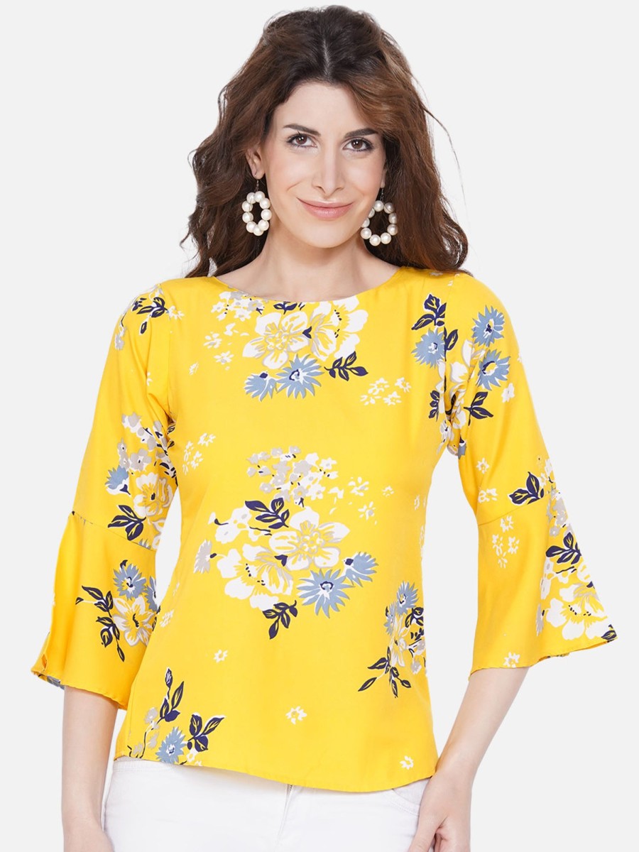 Women Wahe-NOOR | Women'S Yellow Floral Print Crepe Top - Wahe-Noor