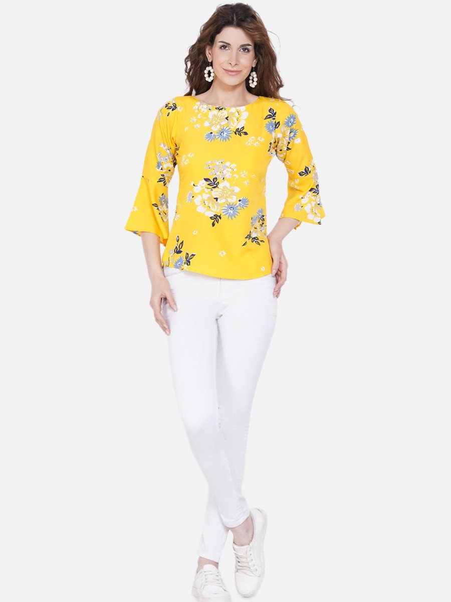 Women Wahe-NOOR | Women'S Yellow Floral Print Crepe Top - Wahe-Noor