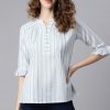 Women Janasya | Women'S Cotton Slub Striped Straight Product Type-Tops - Janasya White