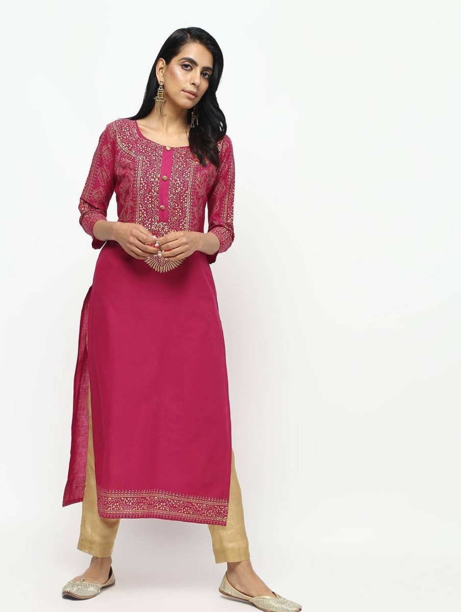 Women CHEERA | Women'S Megenta Straight Foil Printed Long Kurta Only - Cheera Wine