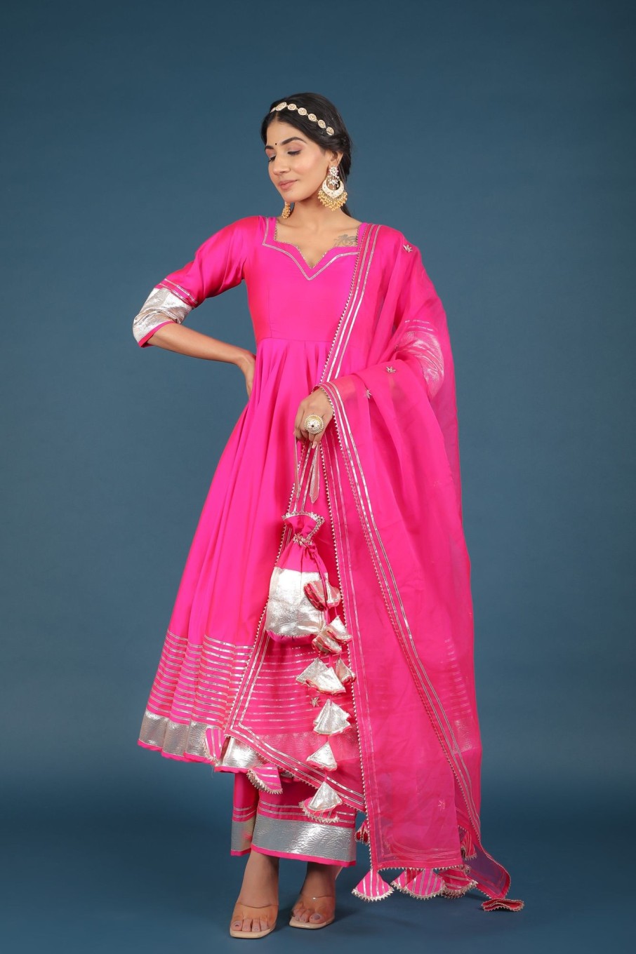 Women Pomcha Jaipur | Women'S Amber Hot Taffeta Silk Anarkali Set - Pomcha Jaipur Pink