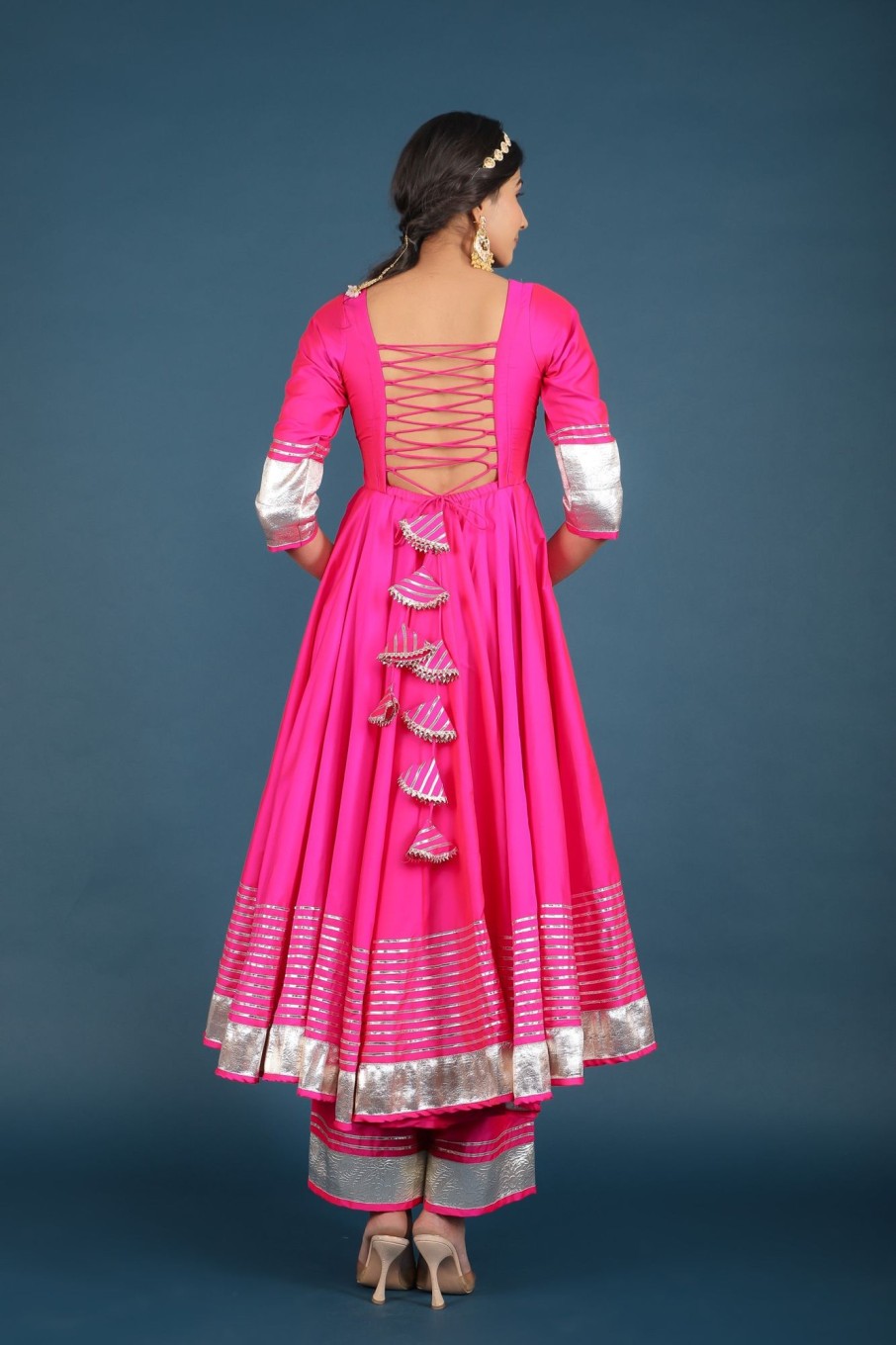 Women Pomcha Jaipur | Women'S Amber Hot Taffeta Silk Anarkali Set - Pomcha Jaipur Pink