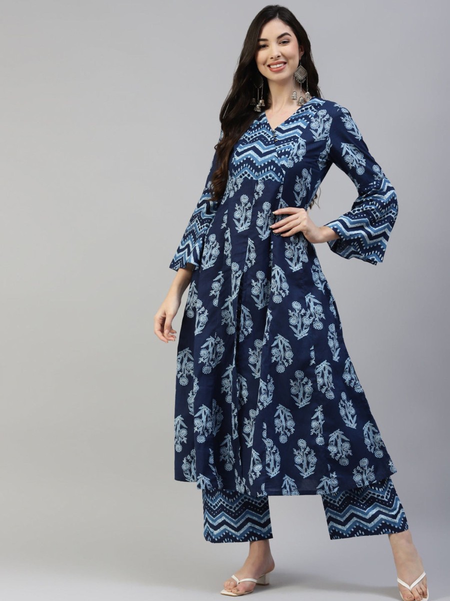 Women Poshak Hub | Women'S Cotton Printed Anarkali Kurta With Palazzo - Poshak Hub Blue