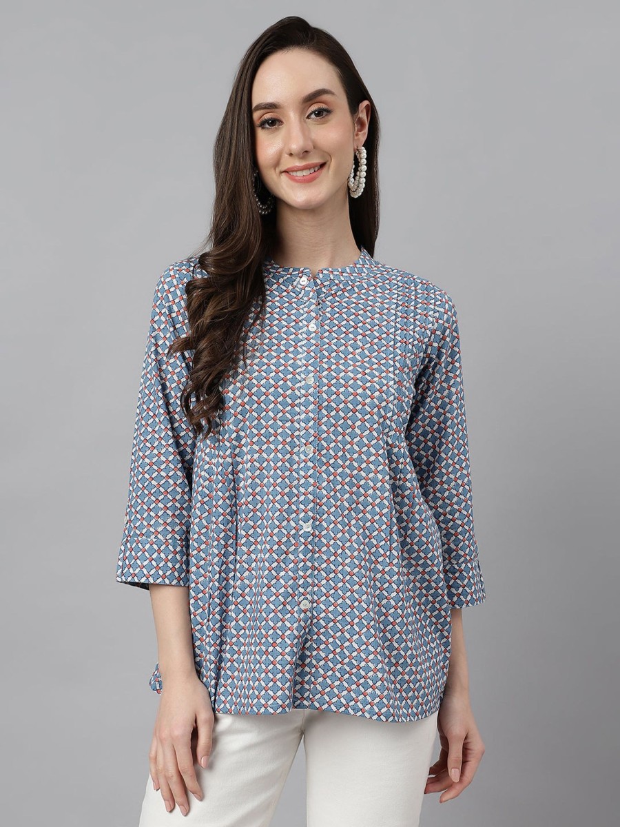 Women Janasya | Women'S Printed Cotton Tops - Janasya Blue