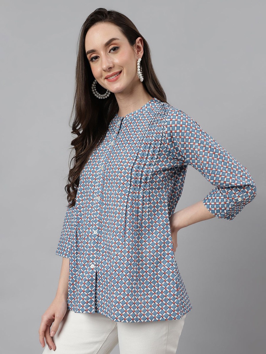 Women Janasya | Women'S Printed Cotton Tops - Janasya Blue