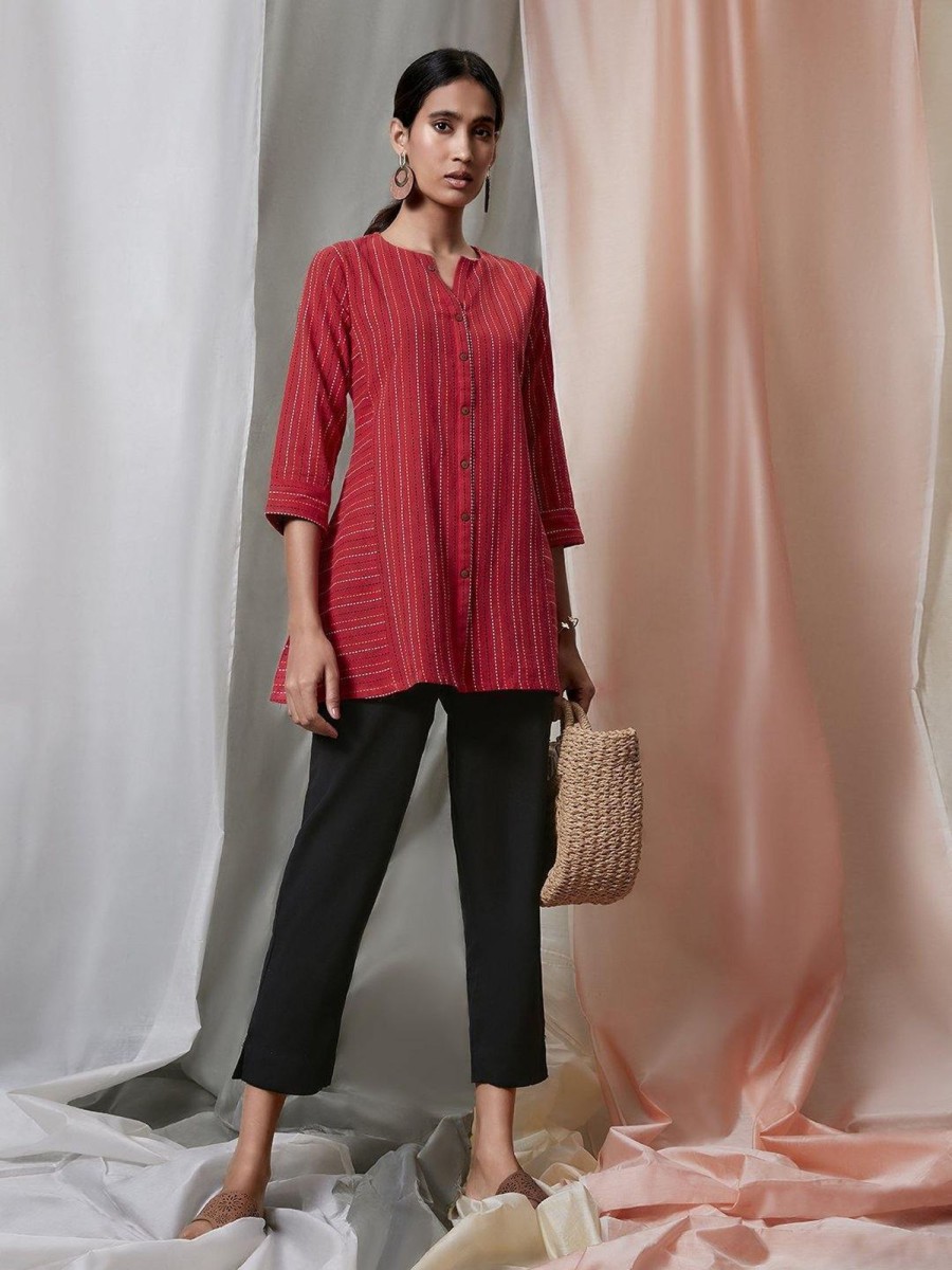 Women Janasya | Women'S Red Weaved Cotton Top-Janasya