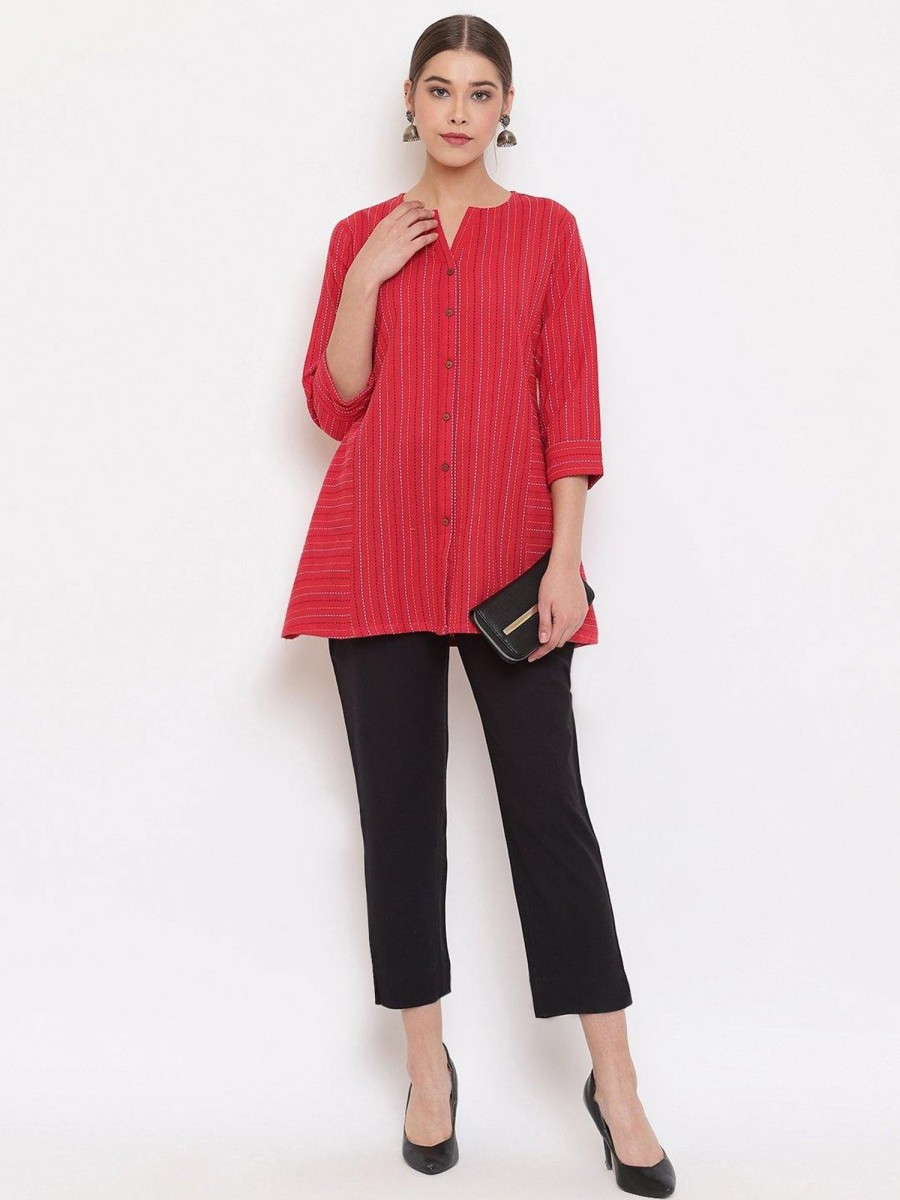 Women Janasya | Women'S Red Weaved Cotton Top-Janasya