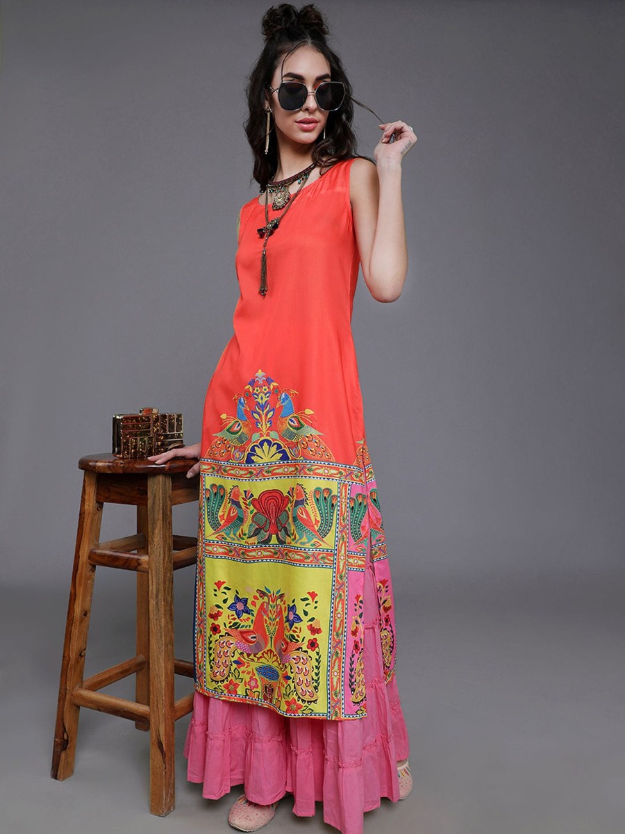 Women AKS | Women'S U0026 Yellow Abstract Print Kurta - Aks Orange