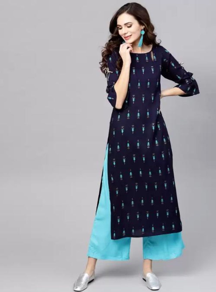 Women The Fab Factory | Women'S Key Hole Calf Length Kurta - The Fab Factory Blue