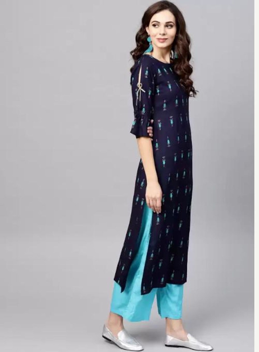 Women The Fab Factory | Women'S Key Hole Calf Length Kurta - The Fab Factory Blue