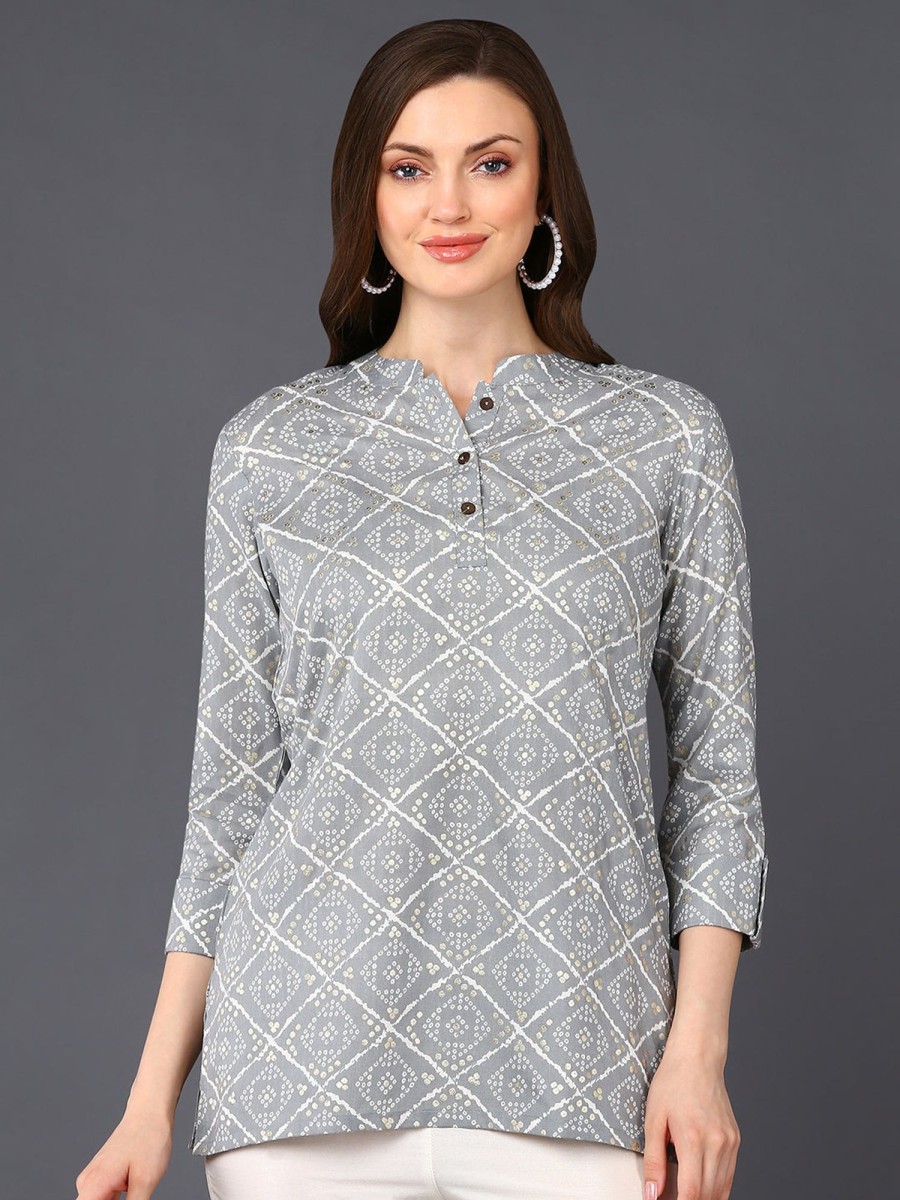 Women Ahika | Women'S Cotton Blend Geometric Printed Topahika Grey