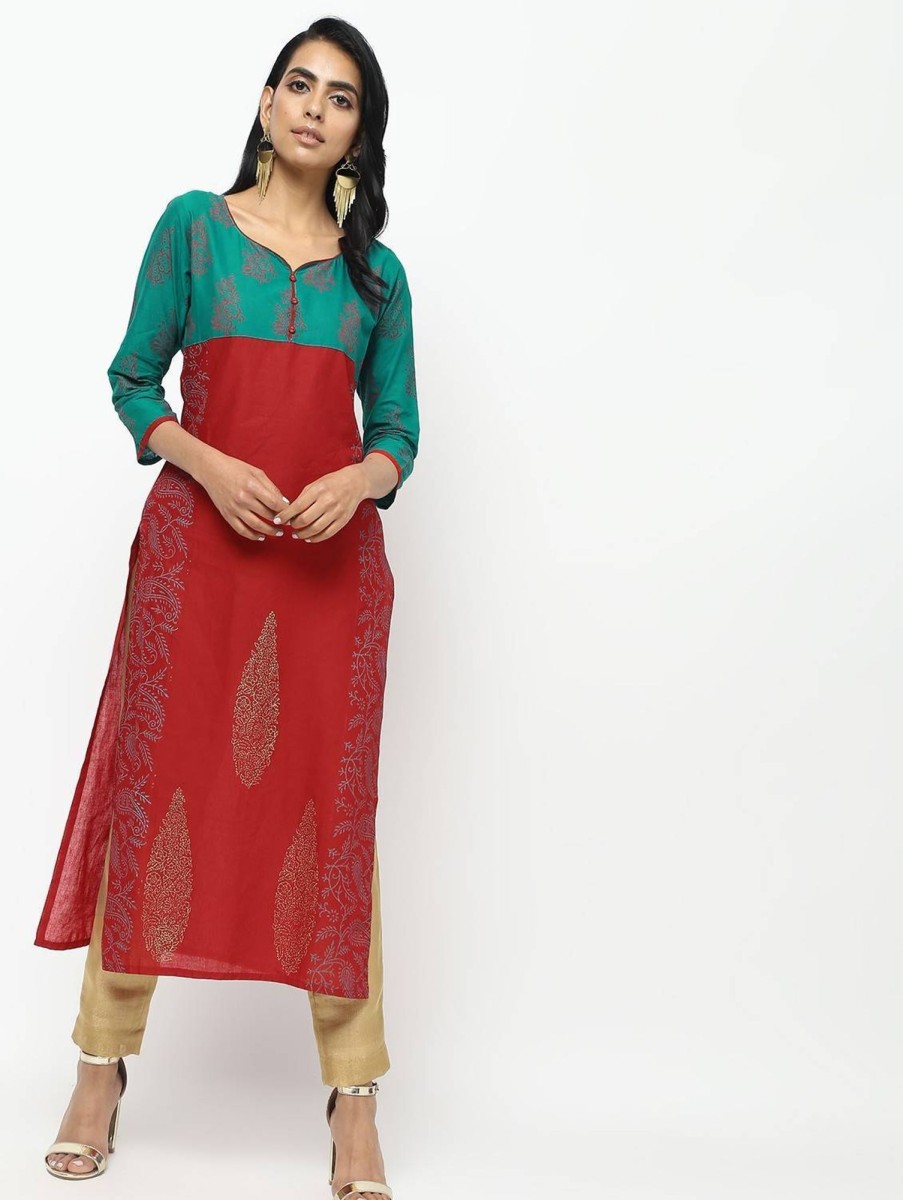 Women CHEERA | Women'S Red Straight Printed Kurta Only - Cheera Green