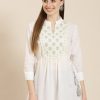 Women Juniper | Women'S Cotton Moss Embroidered A-Line Tunic - Juniper White