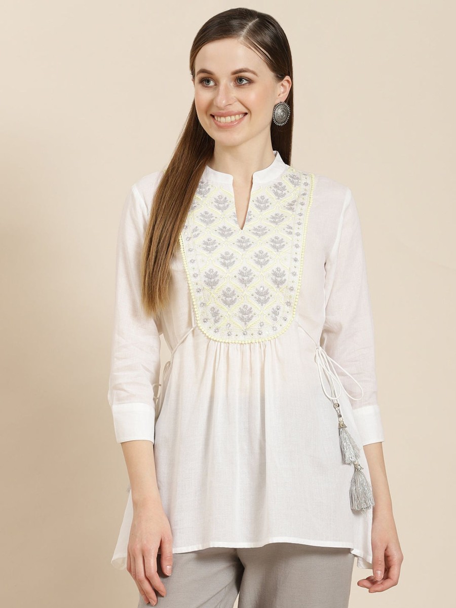 Women Juniper | Women'S Cotton Moss Embroidered A-Line Tunic - Juniper White