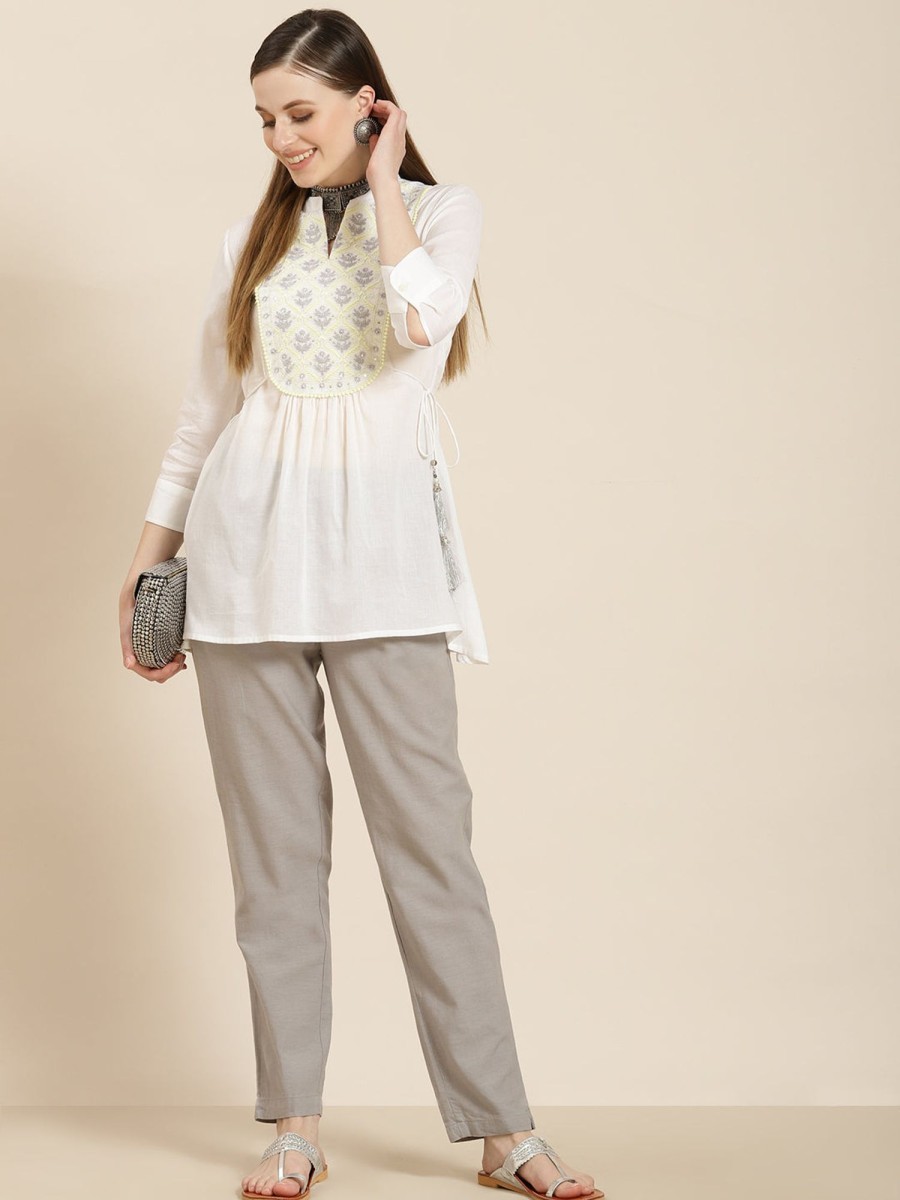 Women Juniper | Women'S Cotton Moss Embroidered A-Line Tunic - Juniper White