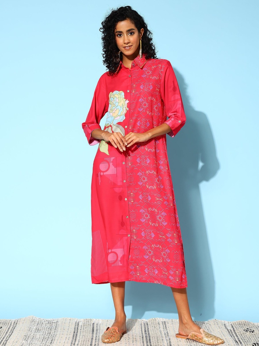 Women Indo Era | Women'S Floral Print Shirt Midi Dress - Indo Era Red