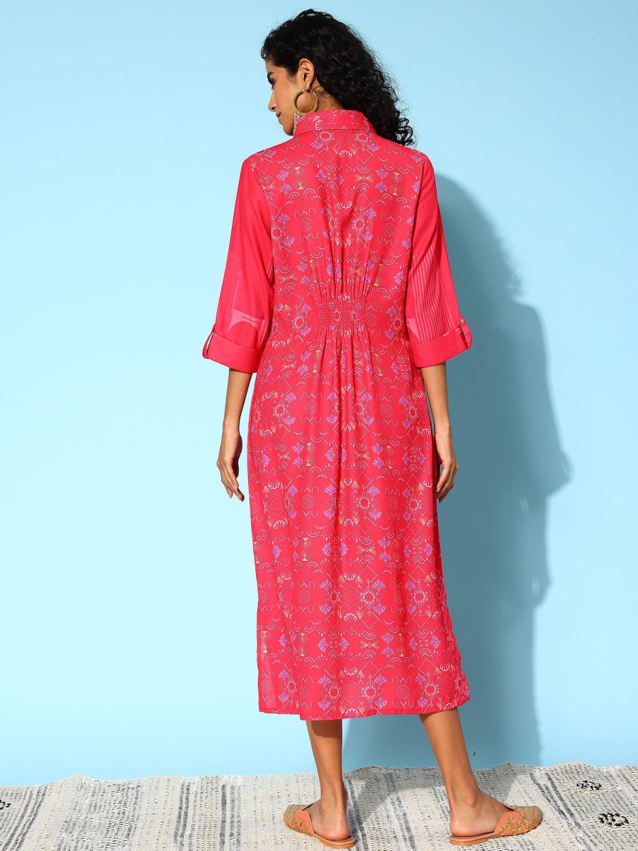 Women Indo Era | Women'S Floral Print Shirt Midi Dress - Indo Era Red