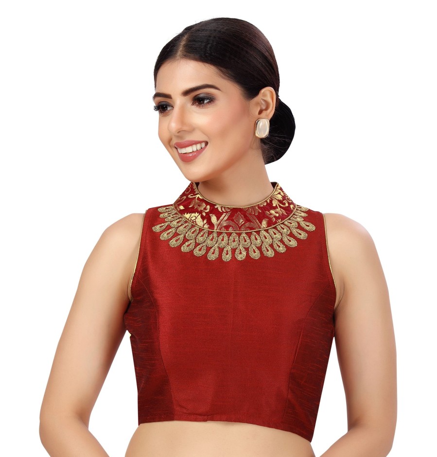 Women Shringaar | Women'S Polyester Sleeveless Embroidered Saree Blouse With Brocade Collar. - Shringaar Maroon