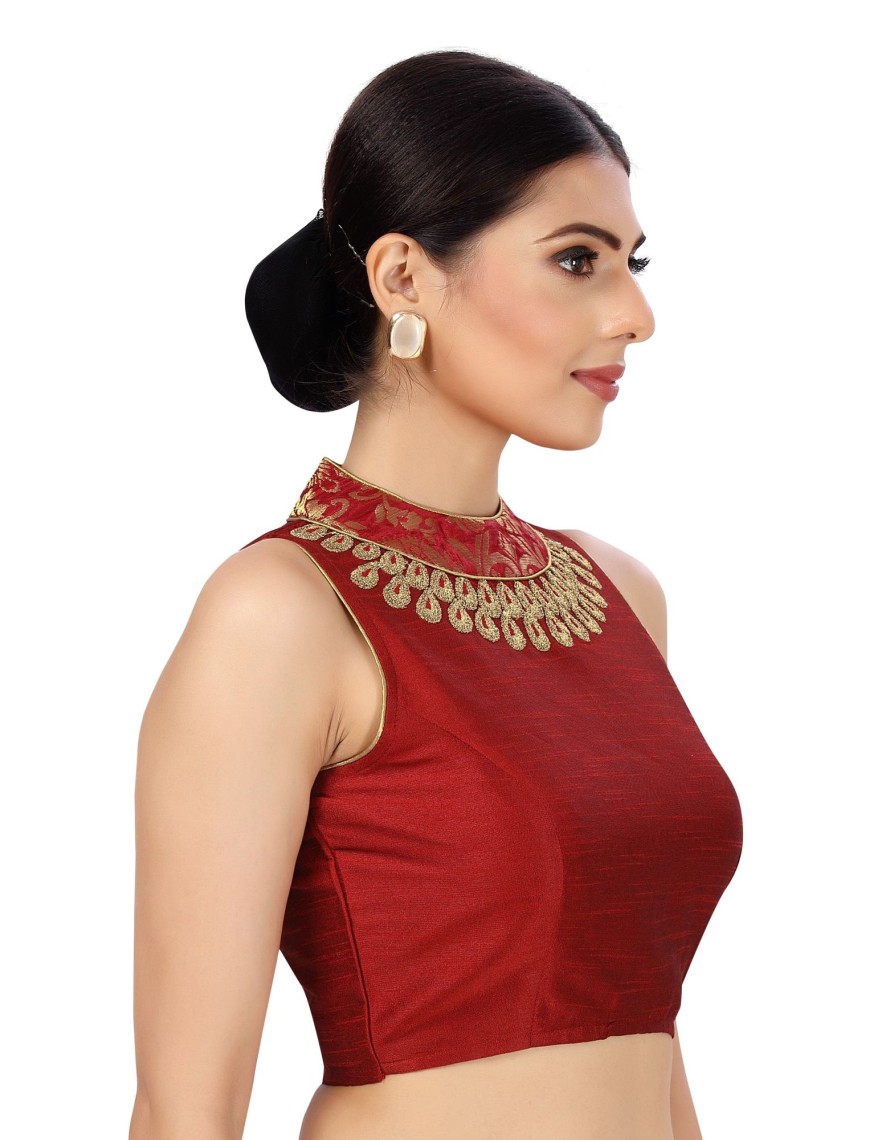 Women Shringaar | Women'S Polyester Sleeveless Embroidered Saree Blouse With Brocade Collar. - Shringaar Maroon