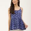 Women DECKEDUP | Women'S Printed Cotton Strappy Top With Comfort Fit And Adjustable Starps,Round Neck,Gather - Deckedup Blue