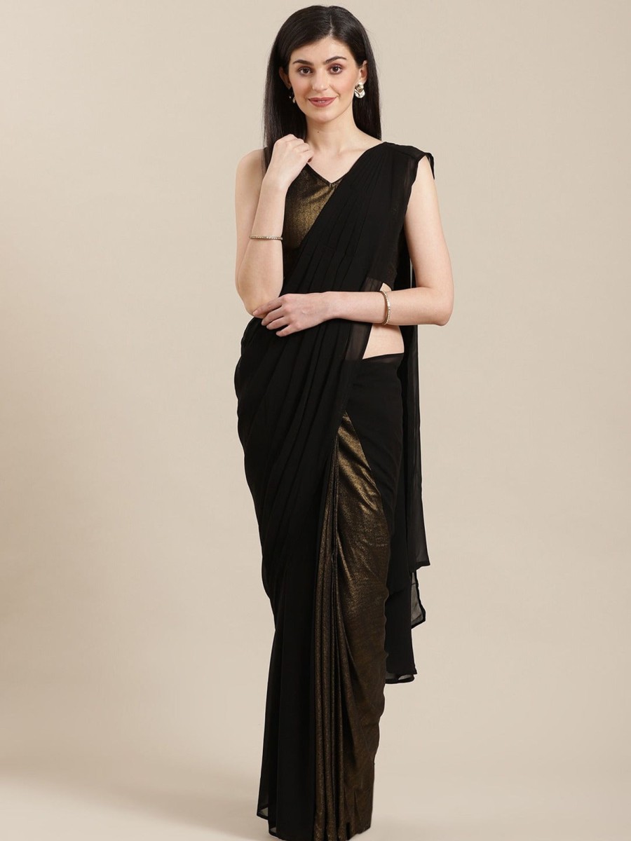 Women Ahalyaa | Women'S Black Georgette Gold Coated Ready To Wear Saree - Ahalyaa